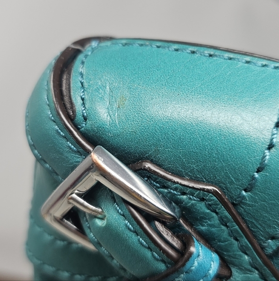 Michael Kors Large Fallon Leather Aqua Turquoise Silver Zip Clutch Wristlet - Picture 16 of 16